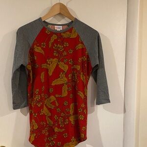 LuLaRoe Raglan Tee - Red & Gray with Gold Floral